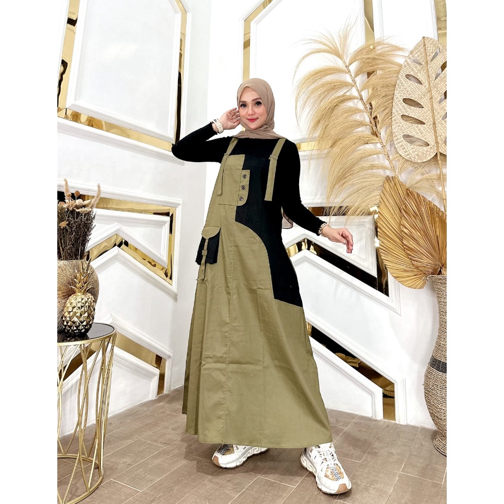 Jinny Overall Cargo Jumpsuit Wanita Terbaru Bahan Katun Import Panjang Maxi Dress Muslim Kekinian w 