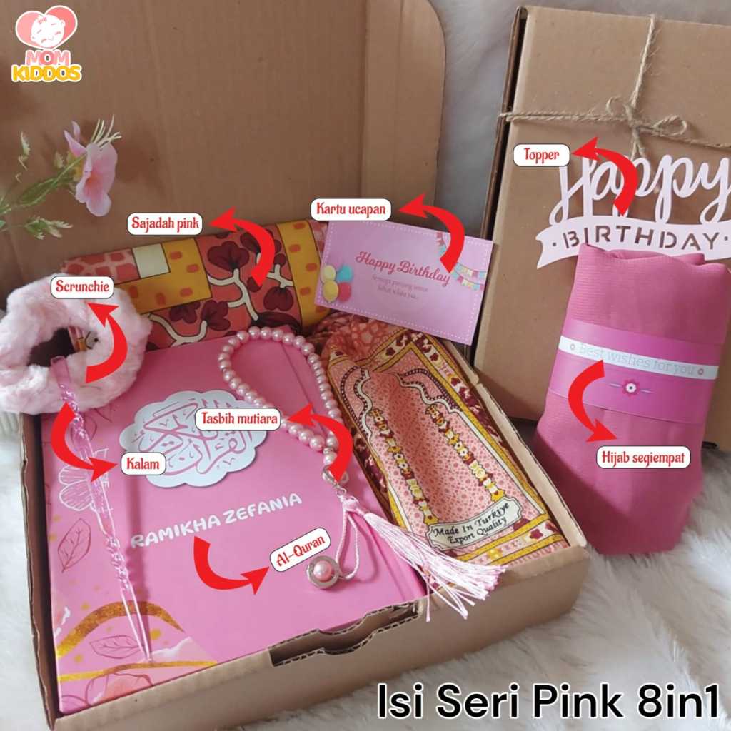 Hampers Quran Custom Pink Series Hijab Sajadah Tasbih Kado Cewek Wanita Muslimah Souvenir Kado Ulang