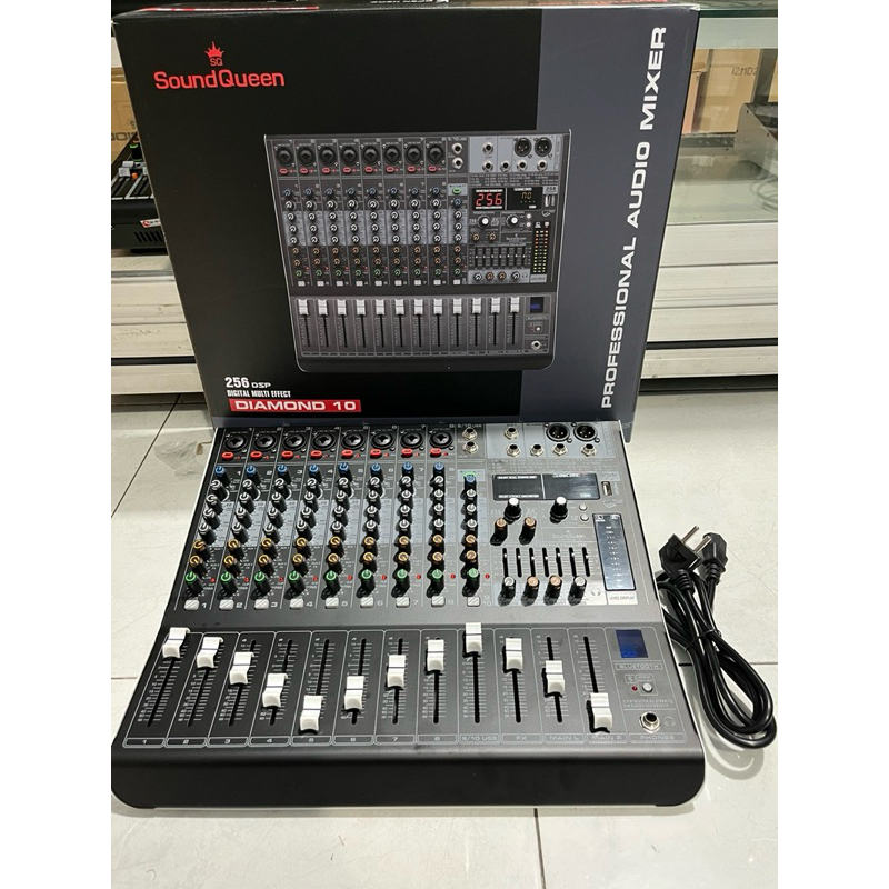 MIXER AUDIO SOUNDQUEEN DIAMOND 10 original 10ch 8 mono 2 stereo sudah ada compress efek 256 dsp gara