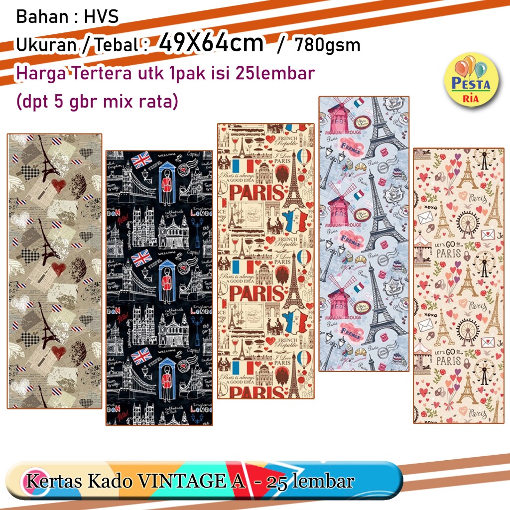 

Murah!! (1Set 25lmbr) Kertas kado motif VINTAGE A, kertas kado vintage paris, kertas kado motif paris, Kertas Kado Setara Sanwa Sansan Wawa