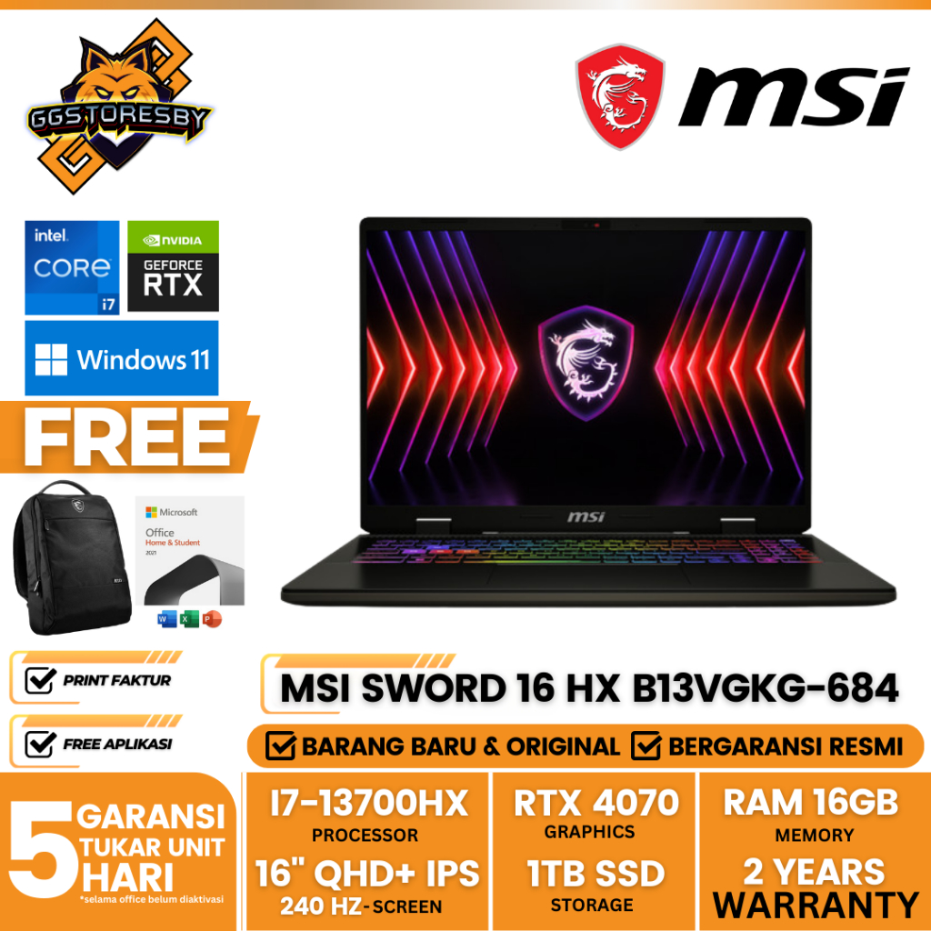Laptop Gaming Msi Sword 16 Hx B13Vgkg-684 | I7-13700Hx 16/1Tb Rtx4070 8Gb 16"Qhd 240Hz W11+Ohs