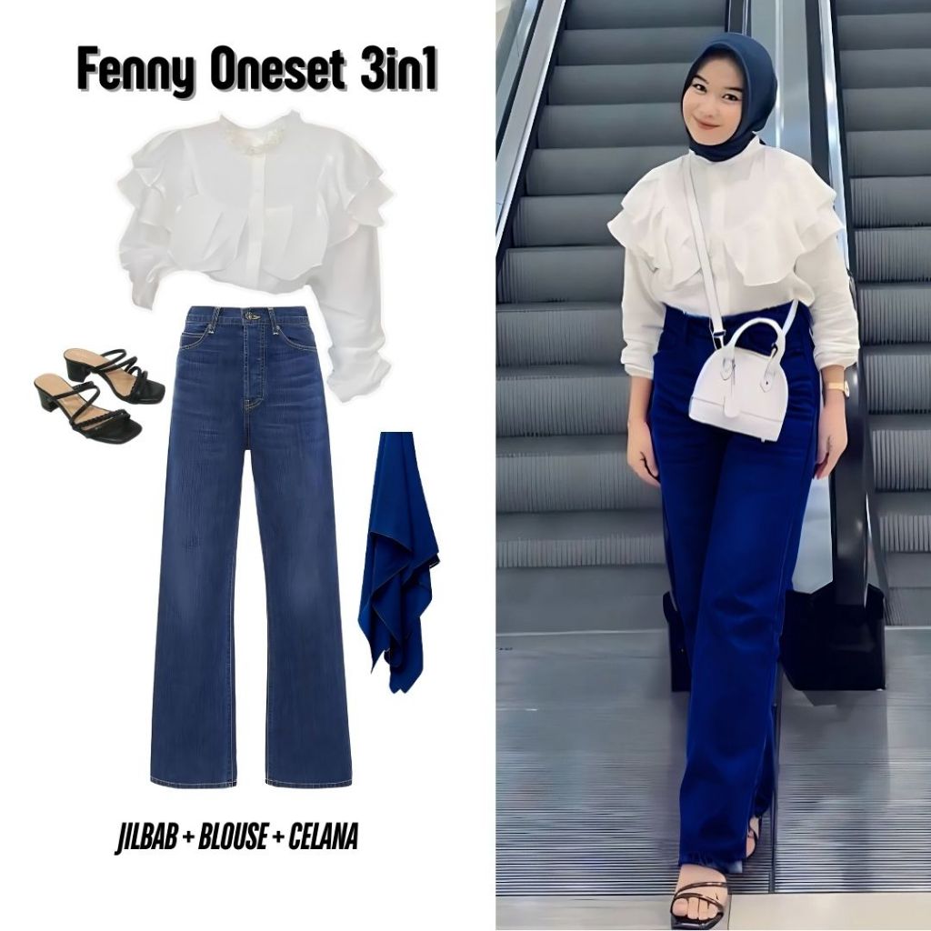 One set 3in1 baju atasan blouse ruffle rempel putih celana highwaist kulot cullote denim jeans pants