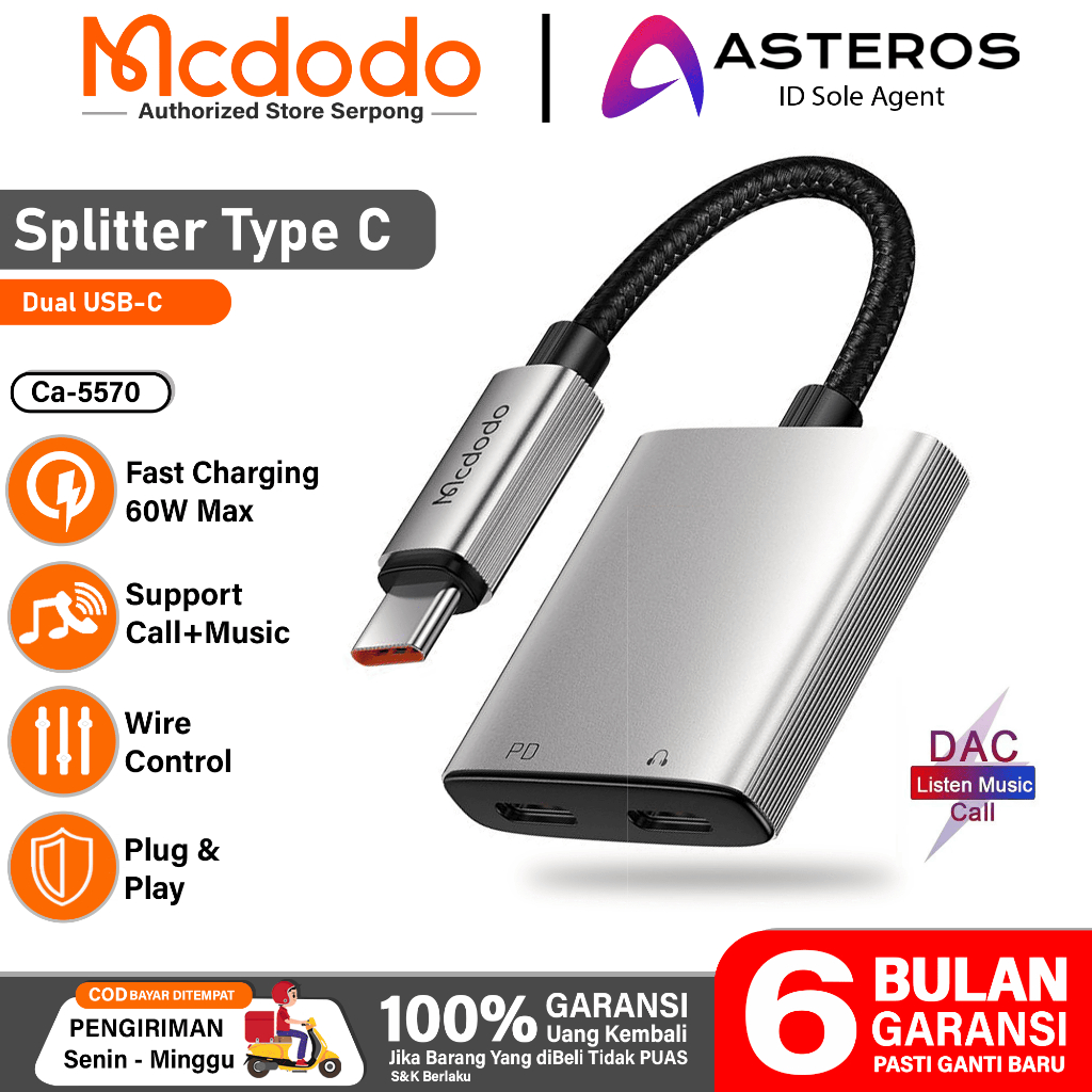 MCDODO Converter Splitter Type C to Jack + Dual USB-C Open Mic Call Gaming with Charging