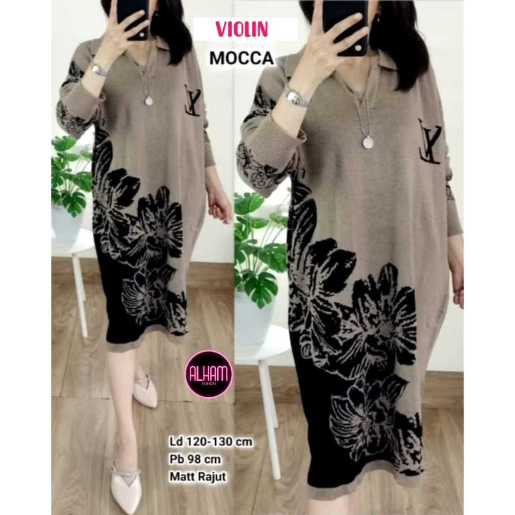 Violin Tunik Dress Rajut Gamis Wanita Harian LD 110 - 130 Knit Import Tebal Adem Korean Style