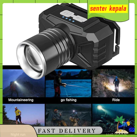 Senter Kepala senter super terang, lampu depan luar yang kuat, LED Zoom 100W Super Terang Mitsuyama,