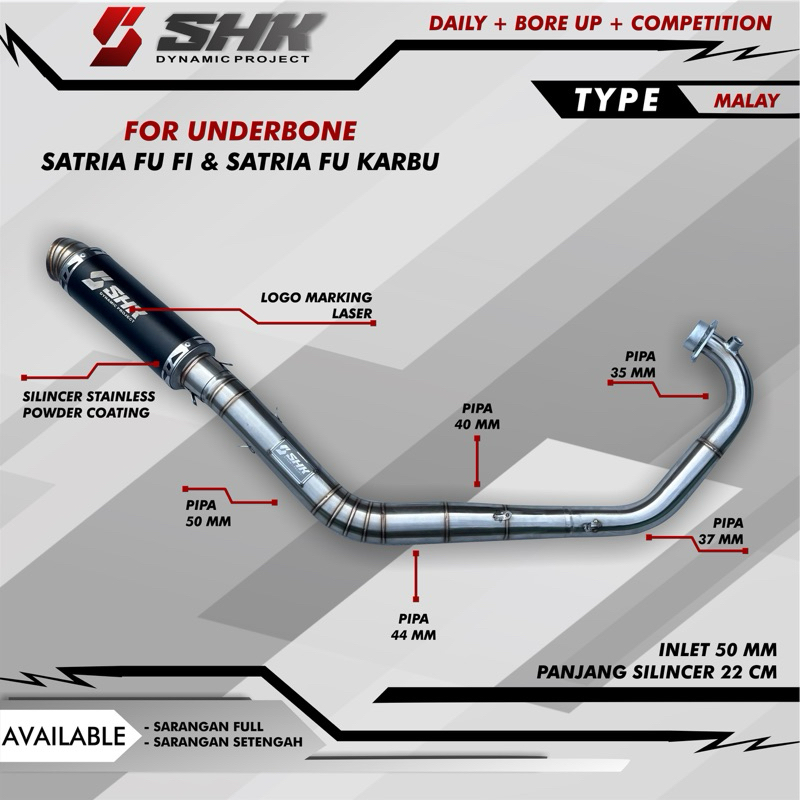 Knalpot roadrace SHK untuk motor Satria Fu Fi dan Satria Fu karbu inlet 50mm