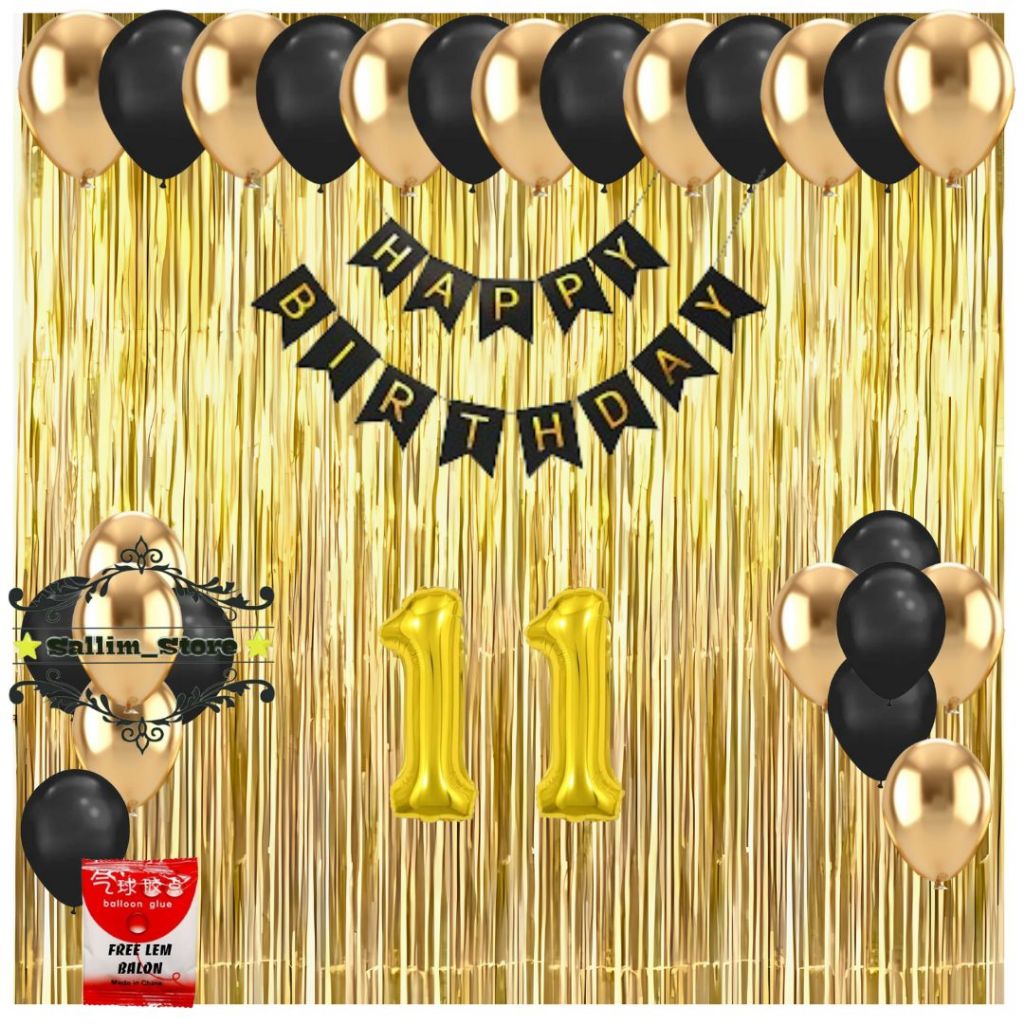 Paket Dekorasi Ulang Tahun Balon Hitam Gold Backdrop Happy Birthday Tirai Merah Party Anak & Dewasa