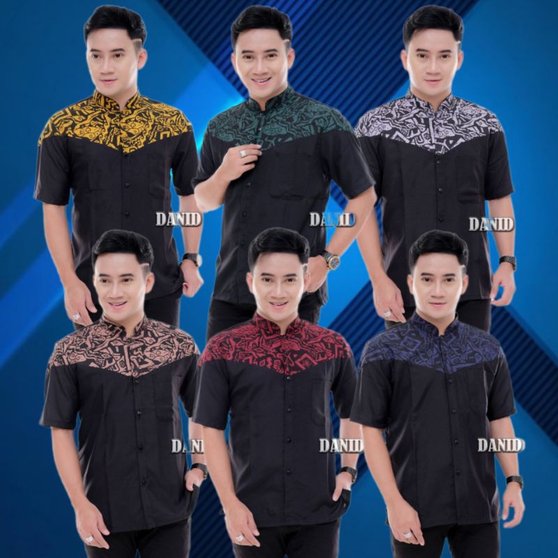 New Baju Koko Pria Dewasa Lengan Pendek 05 Warna Hitam Kombinasi Batik Modern Model Baju Lebaran Ter