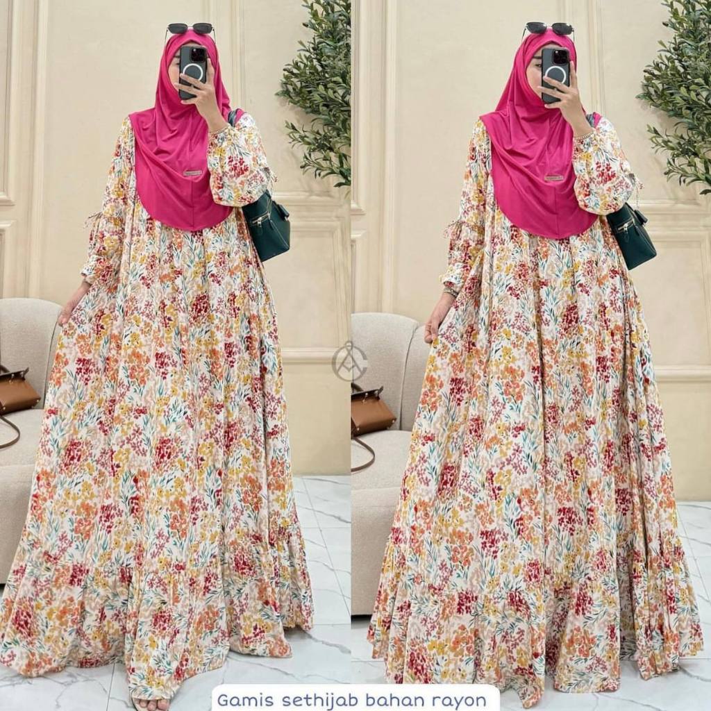 Maharanie - Set Hijab Bergo Rayon Diamond Jumbo Gamis Free Hijab Wanita Kekinian
