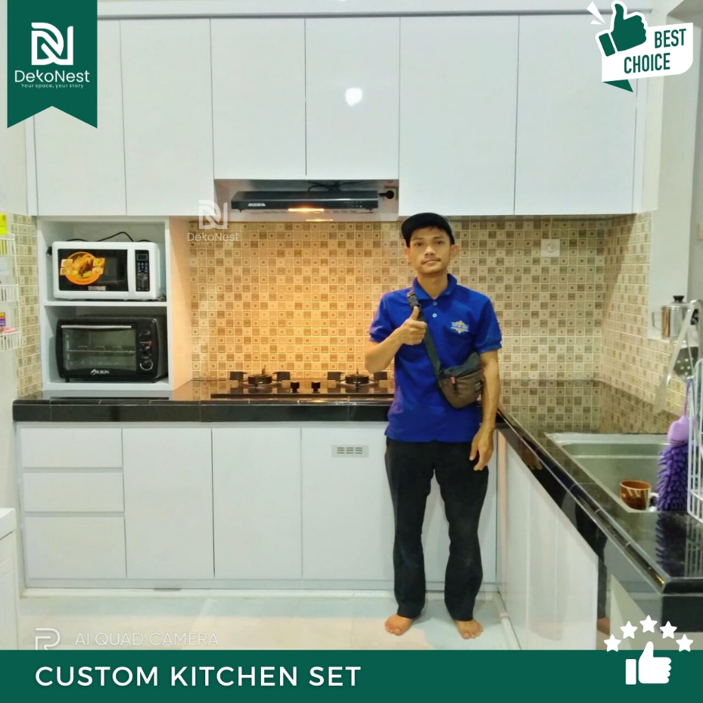 Dekonest Kitchen Set Atas Bawah Custom Minimalis Rak Piring Taco Desain Estetik HPL Plywood Duco