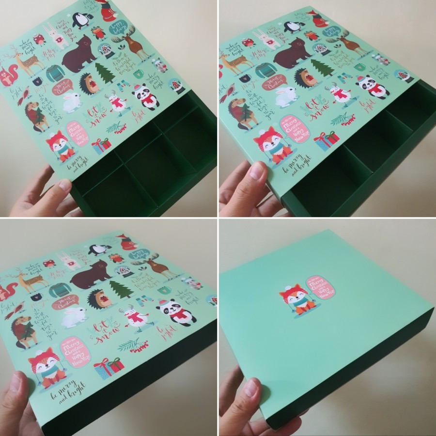 

1 Pack Isi 5 Pcs Dus Parcel Natal Sekat 9 Hijau Tua Box Motif Green Christmas Ukuran 7.3 x 7.3 x 4.5 cm