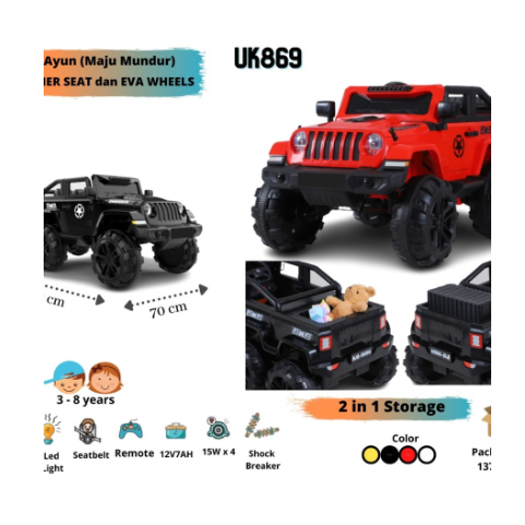 Kado Anak Mobil Aki Rubicon BAN 6 UNIKID 869 UK-869 UK869 Mainan Anak Ban Karet-Mobilan Listrik