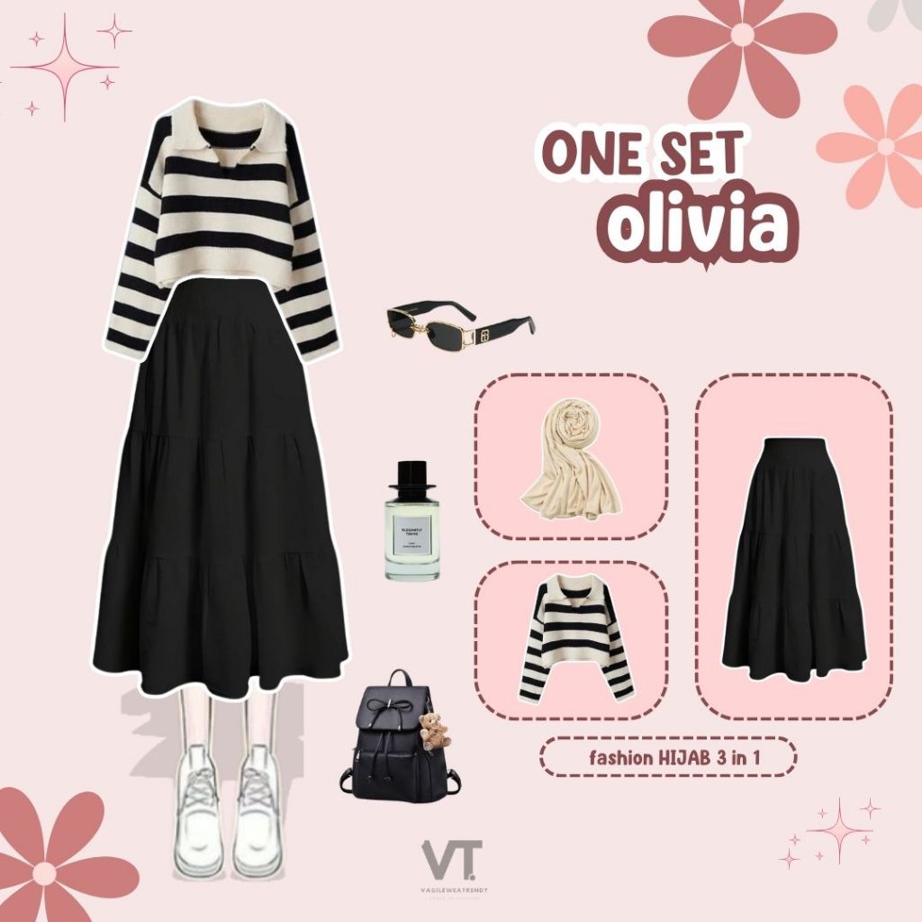 One Set Olivia (Hijab, Sweater, Rok) OOTD Hijab Syle Koean Terbaru