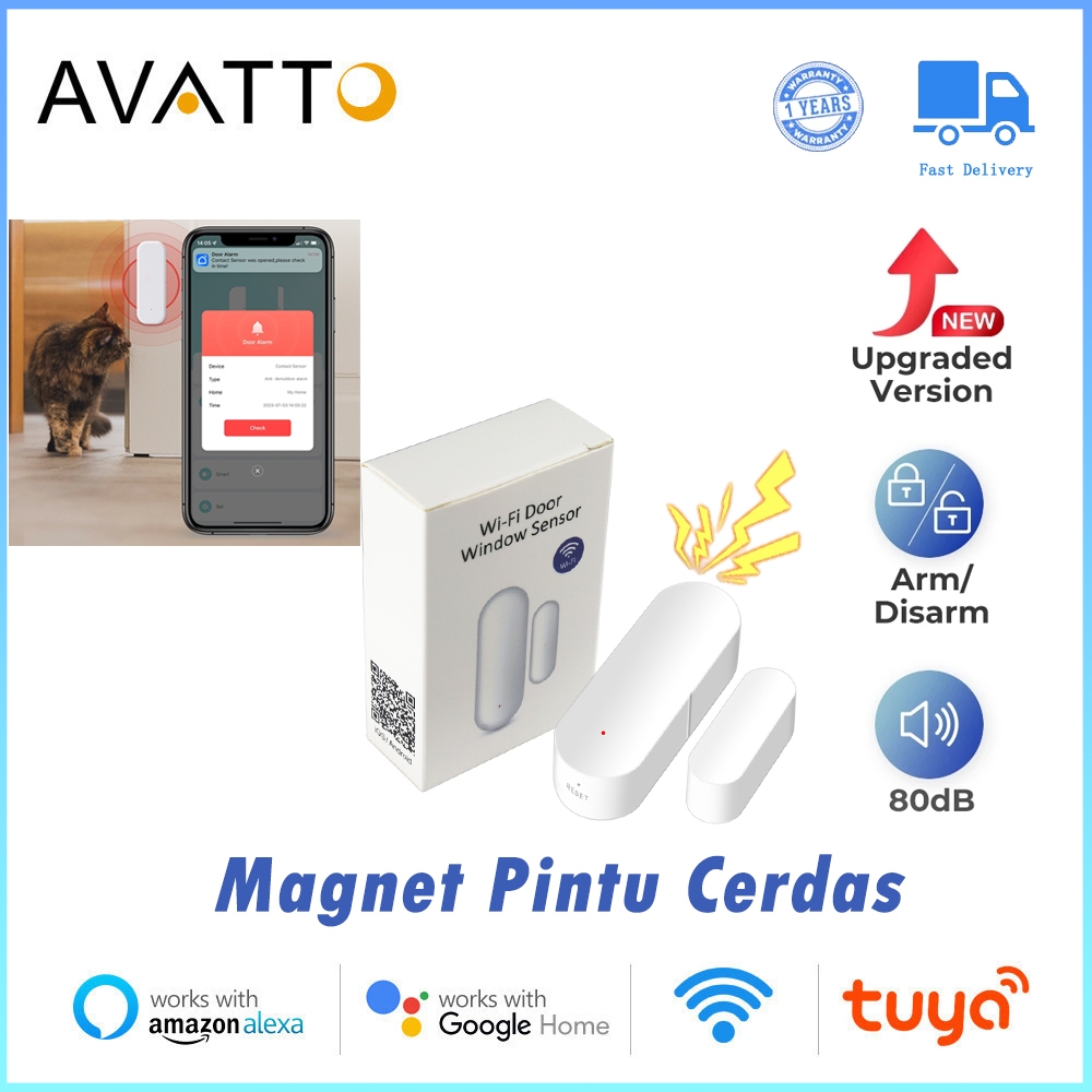 AVATTO Tuya Sensor Pintu WiFi Pintar, Sensor Jendela Detektor Buka/Tutup dengan Dukungan Alexa Googl