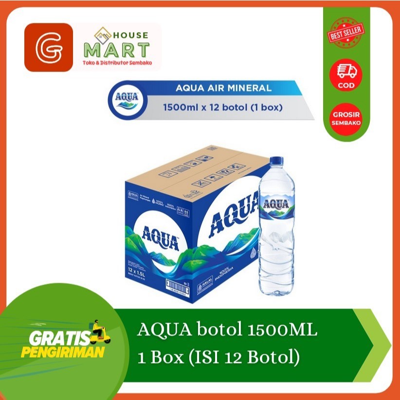 

AQUA BOTOL 1500 ML 1 DUS (12 BOTOL) / Air Minum Dalam Kemasan (AMDK) 1,5 Liter Botol Kemasan Kardus Box