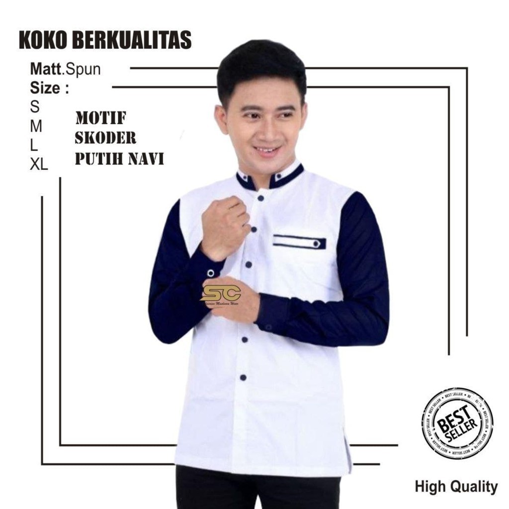 Abha - Baju koko pria lengan panjang - Baju Muslim Dewasa Putih - Baju Hadroh - Motif Skoder