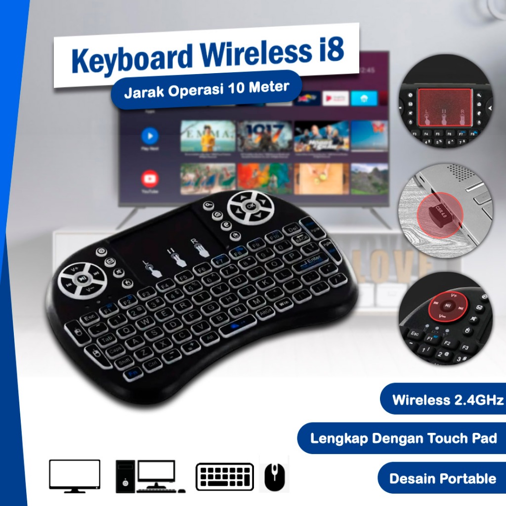 Mini Keyboard Wireless i8 Touch Pad Air Mouse – Keyboard Tanpa Kabel Papan Ketik Mini Wireless Multi