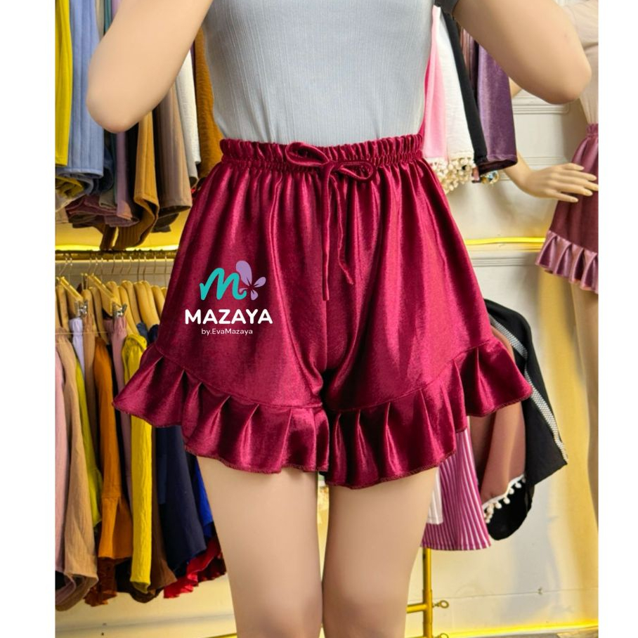 RB HOTPANTS RUFFLE BLUDRU VELVET CELANA PENDEK WANITA SANTAI HIGH WAIST