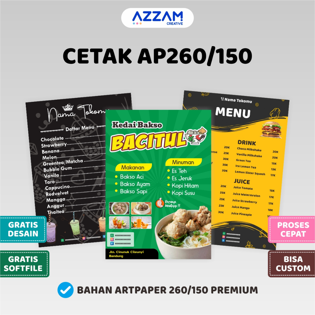 

CETAK ARTPAPER 260 / CETAK ARTPAPER 150 / CETAK MENU CUSTOM / CETAK POSTER / CETAK CUSTOM