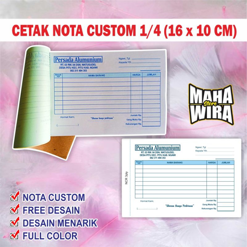 

NOTA ECERAN CUSTOM 1/4 Folio 16x10 cm Free Desain Full Color 1-3 Ply Rangkap