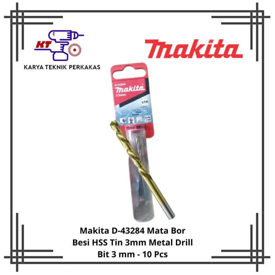 Makita D-43284 Mata Bor Besi HSS Tin 3mm Metal Drill Bit 3 mm - 10 Pcs