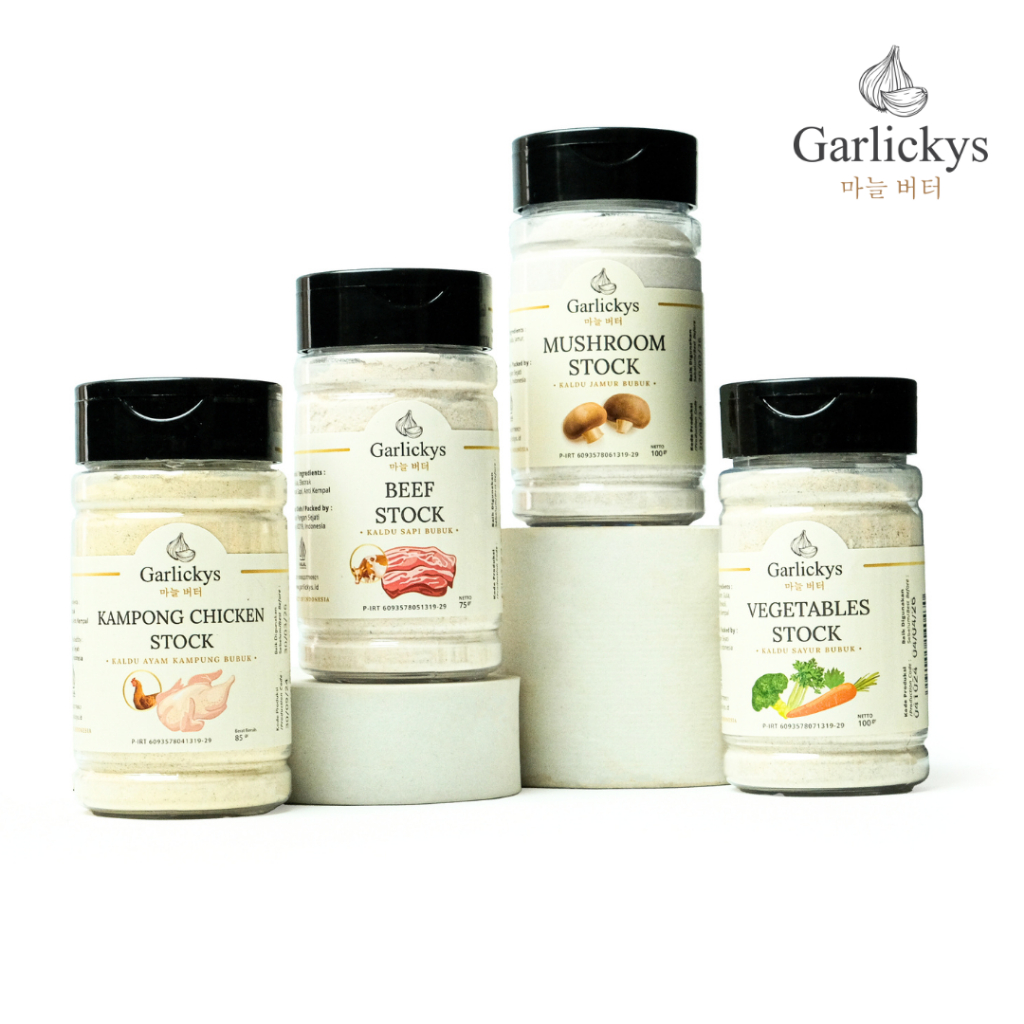 

GARLICKYS Kaldu Jamur Ayam Kampung Sayur Sapi non MSG Halal MPASI Mushroom Chicken Beef Vegetable Stock Powder Halal