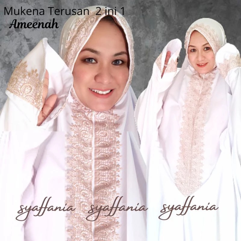 (Preloved) Mukena Traveling Terusan 2 in 1 Ponco Jumbo Dewasa Renda Rajut Gipper Mewah Elegan Katun 