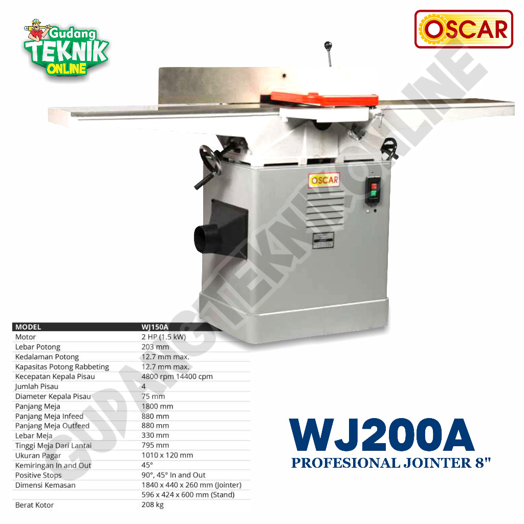 OSCAR Mesin Jointer Ketam Kayu 8" OSCAR WJ-200C MEJA PANJANG 2HP OSCAR / Mesin Wood Jointer 8 Inch P