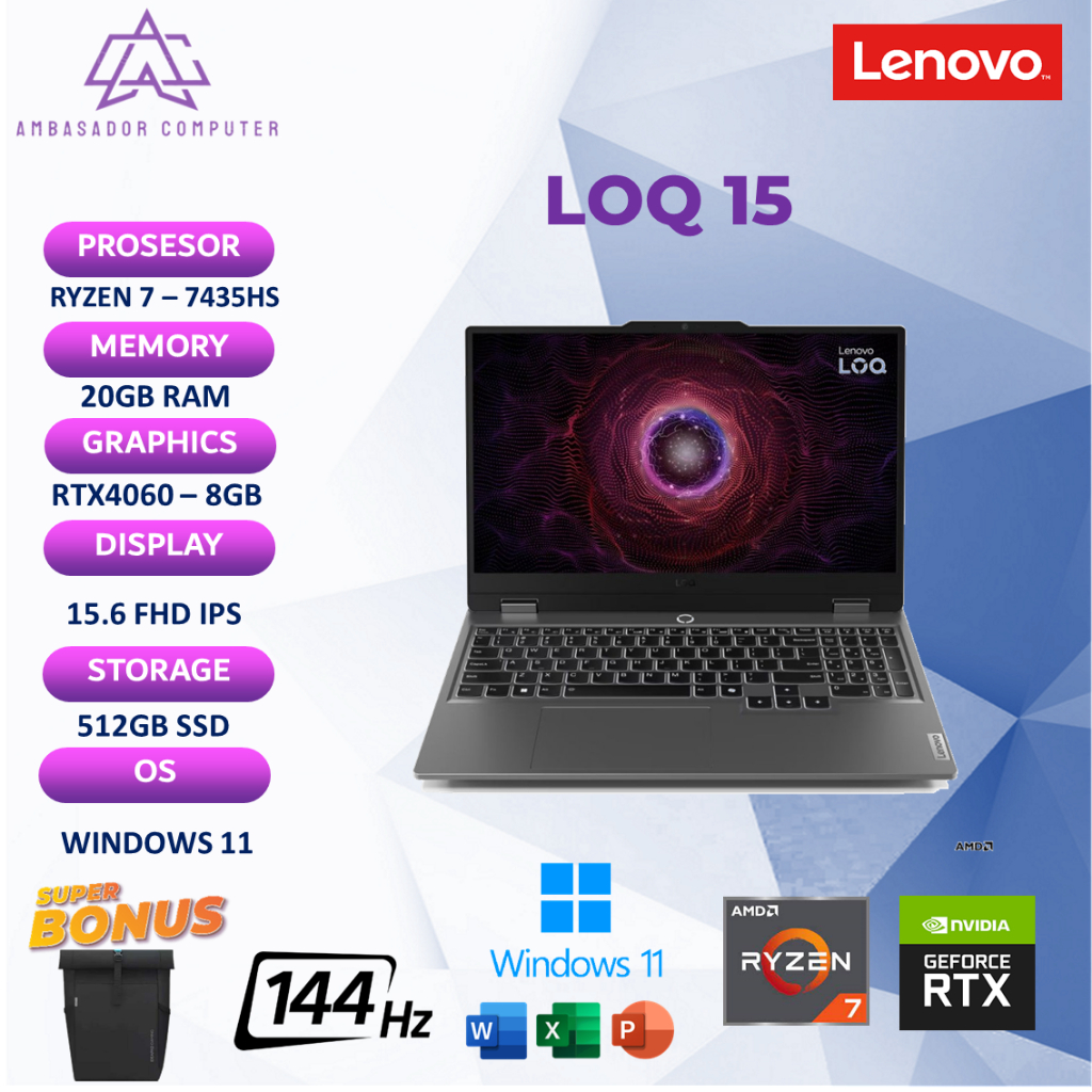 Lenovo LOQ 15 Ryzen 7 7435HS RTX4060 8Gb 20GB 512GB Windows 11 + OHS 144Hz