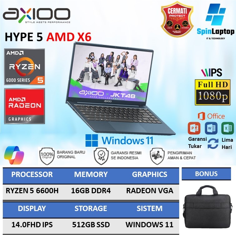 Axioo hype 5 AMD X6 Laptop Ryzen 5 -6600H Ram 16GB ssd 512GB Baru garansi resmi