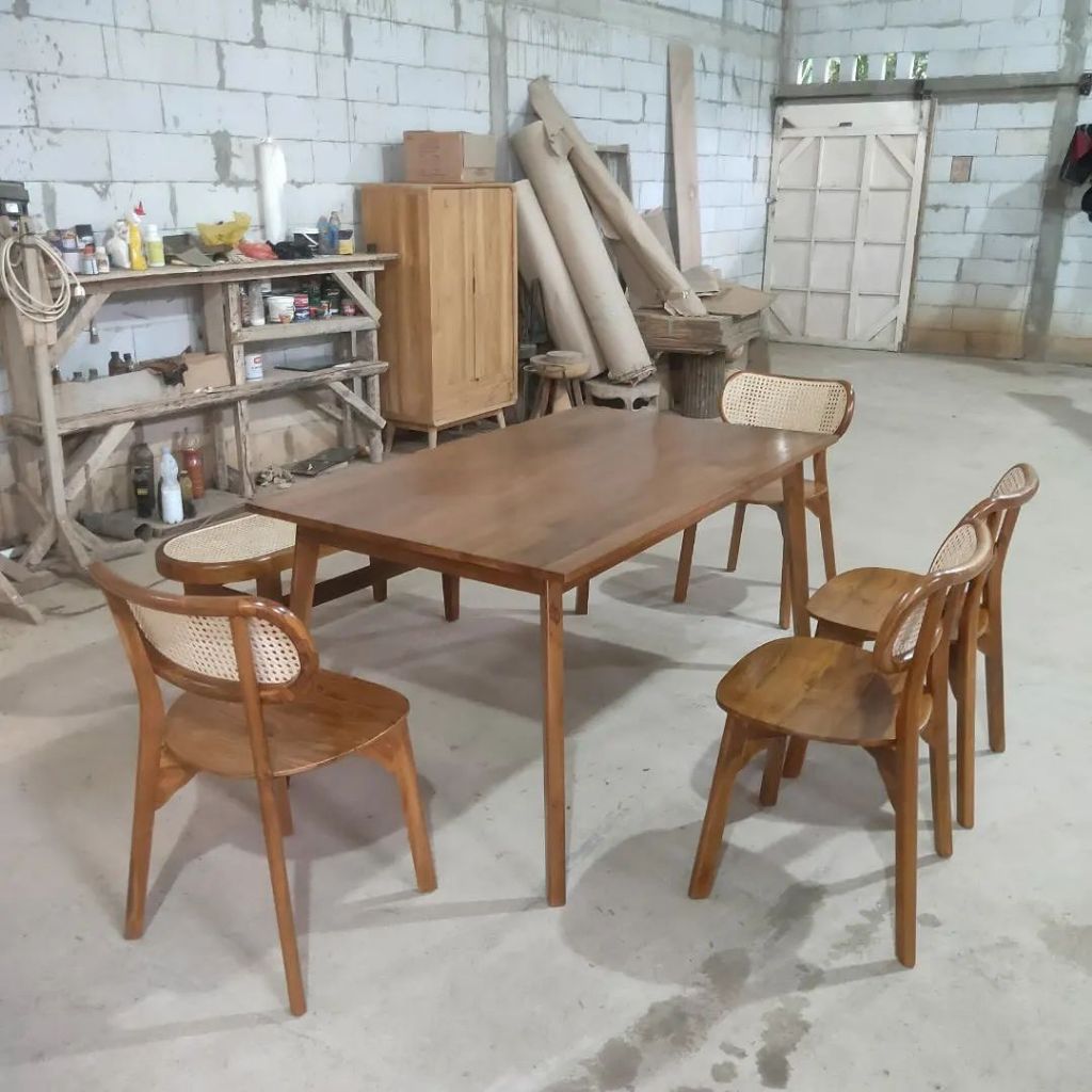 1 Set Meja Makan Bahan Kayu Jati Minimalis | Meja Kursi Makan Jati Anyaman Rotan | Set Meja Makan Ka