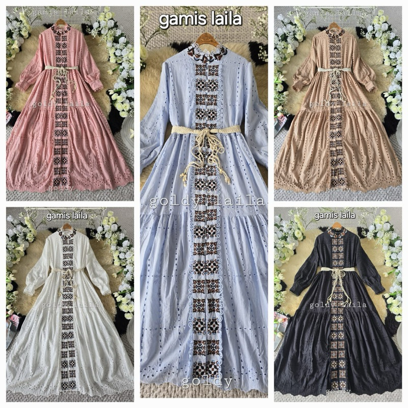 gamis laila,  dress goldy, Dress Maxi, gamis bangkok, gamis putih, white maxi, dress katun bordir, g