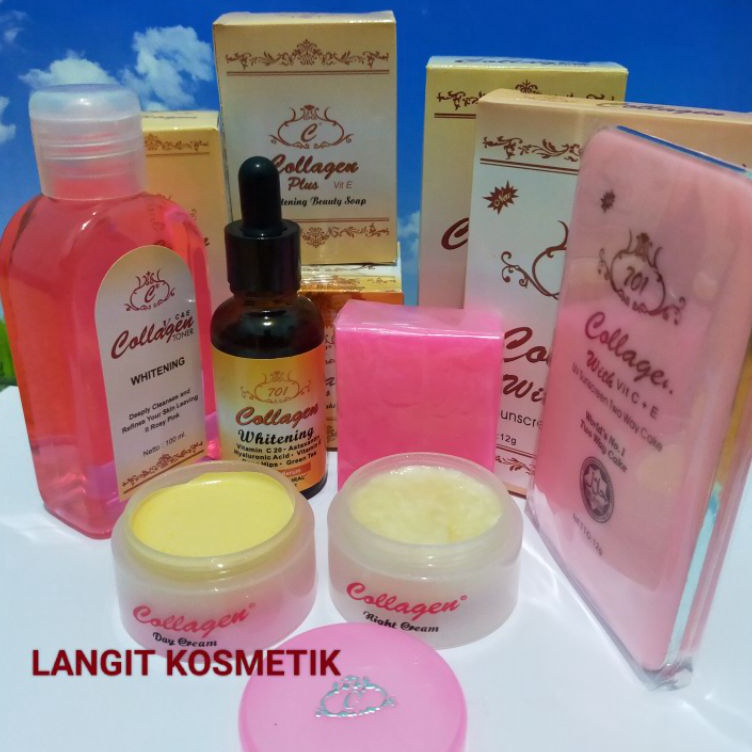 Baru Laris  PAKET COLLAGEN 6in1 CREAM SIANG MALAM SABUN TONER SERUM BEDAK