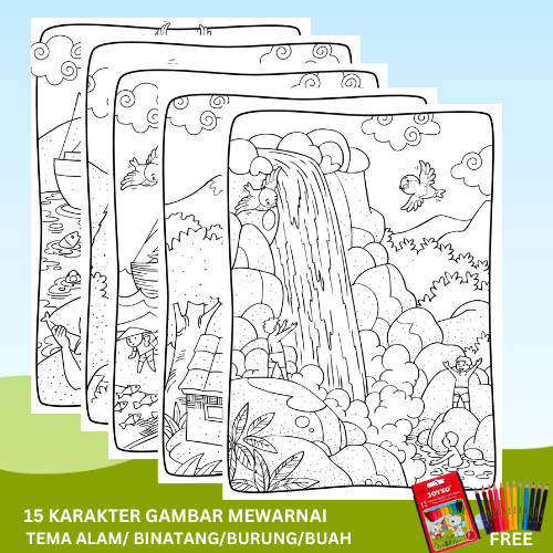 

KERTAS GAMBAR MEWARNAI 15 KARAKTER / ALAM ,BINATANG,BUAH,BURUNG / UNTUK ANAK PAUD & TK (FREE PENSIL WARNA)