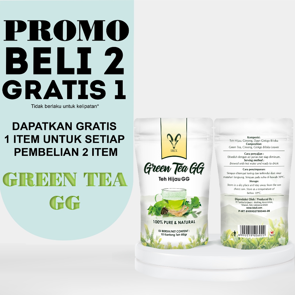 

BUY 2 GET 1 FREE! IBEX Teh Hijau GG / Green Tea GG / Teh Kesehatan Pure & Natural 5gr x 10 Tea Bags