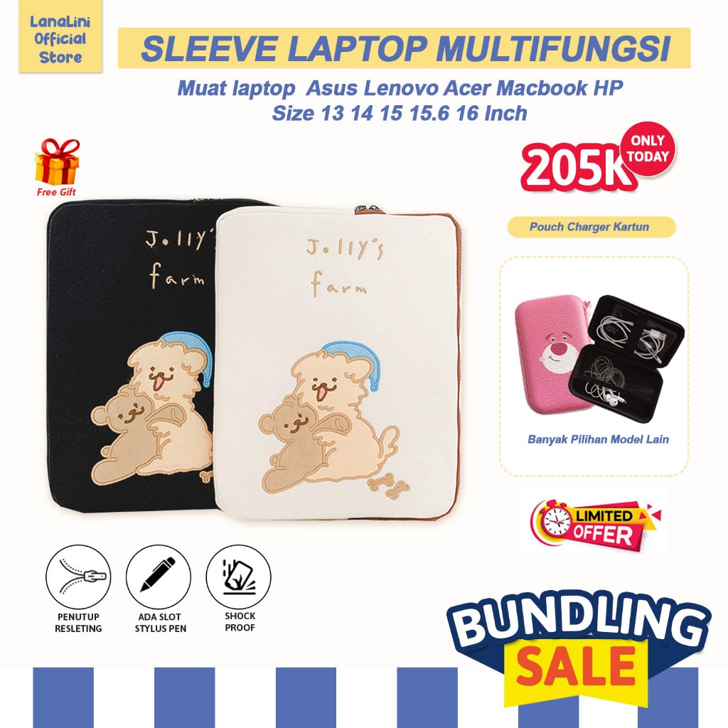 BUNDLING Tas Laptop Wanita Korea Sleeve Cover Hardcase Charger Mouse Kabel Material Catton Tebal Sho