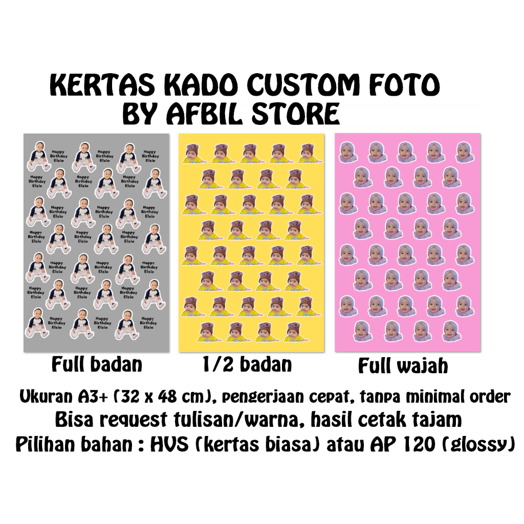 

Kertas Kado Custom Foto Wajah Ayang Anak / Pembungkus Kado Custom Tulisan Unik A3+