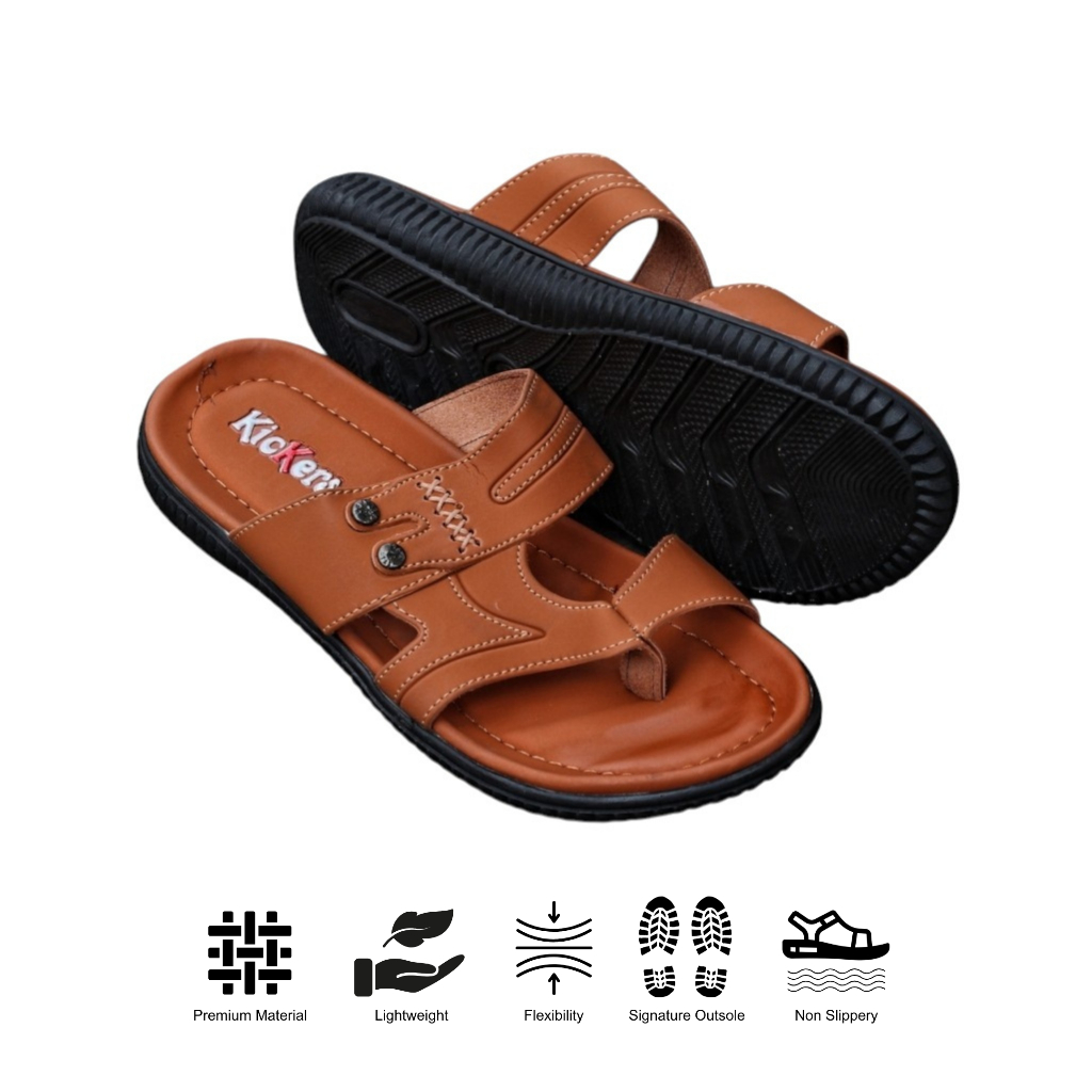 Sandal Slide Pria Dewasa Kickers Jepit Jempol Cokelat Muda Size 39-43 Bahan Kulit Asli Garut Berkual