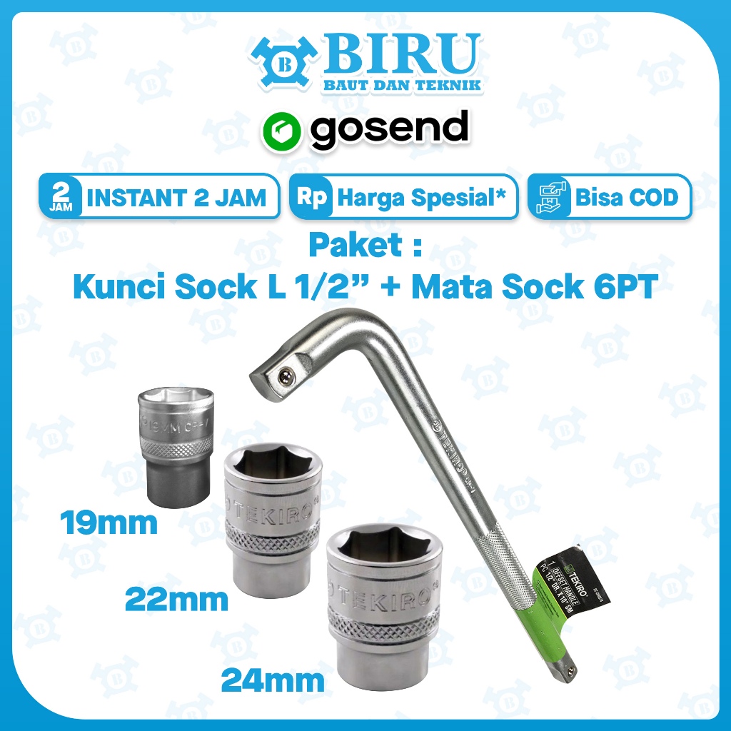 PAKET 4 pcs Gagang Stang Dan Mata Kunci Sok 4 Pcs TEKIRO Kunci Shock No. 19 22 24 mm Gagang Sok L da