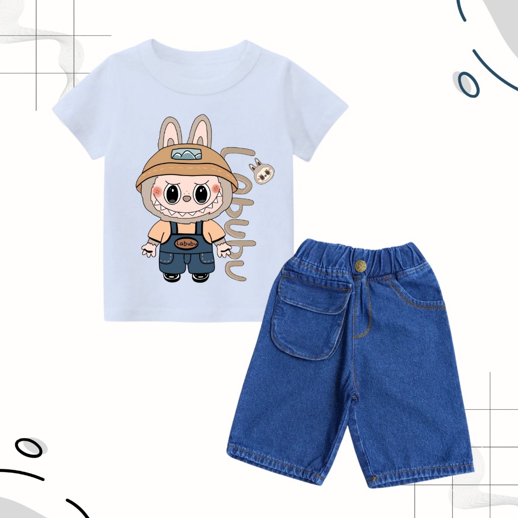 SETELAN CELANA JEANS PENDEK & KAOS LABUBU ANAK LAKI LAKI 1-8 TAHUN