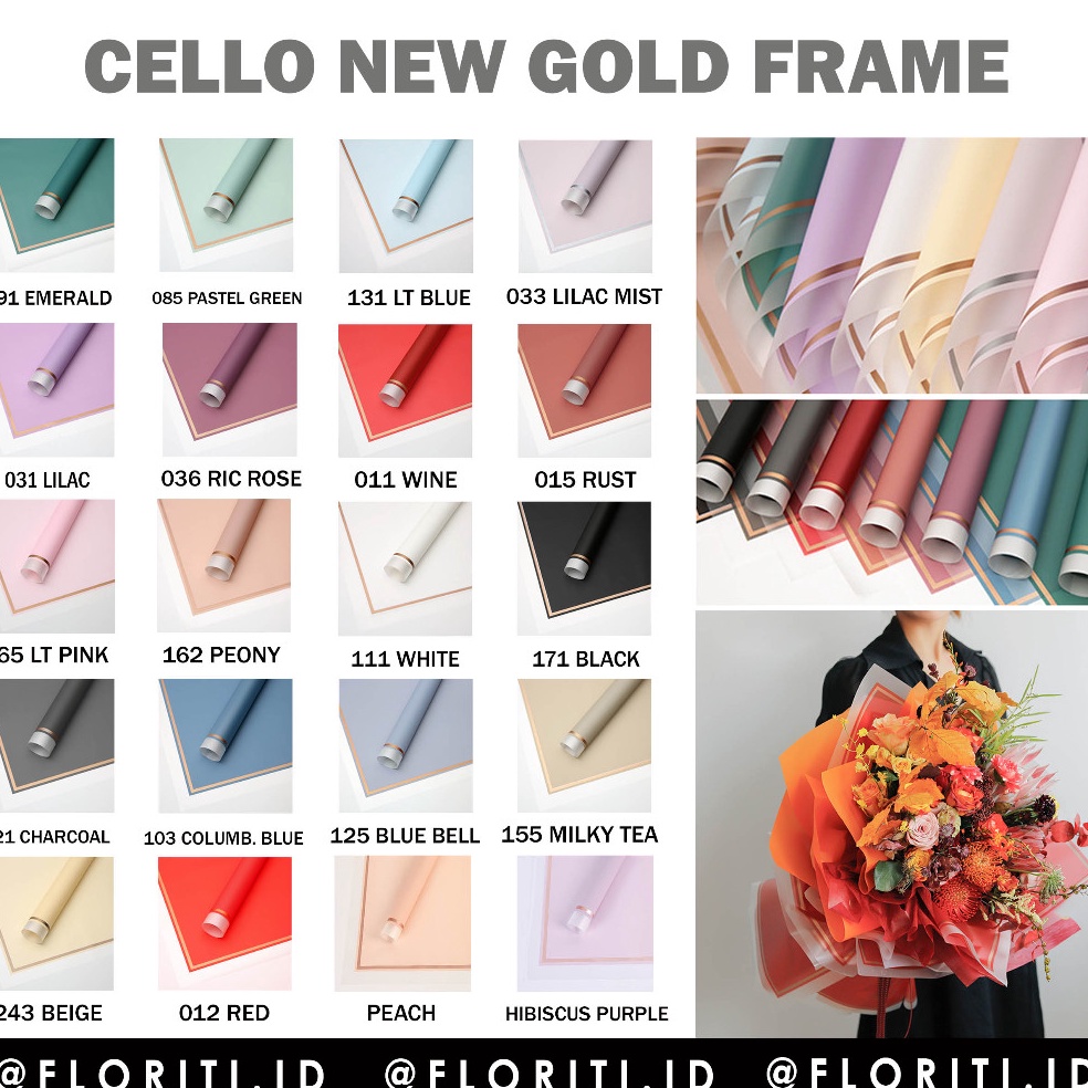 

Super Populer 2 lembar Cellophane Kertas Buket New Frame Gold Flower Wrapping