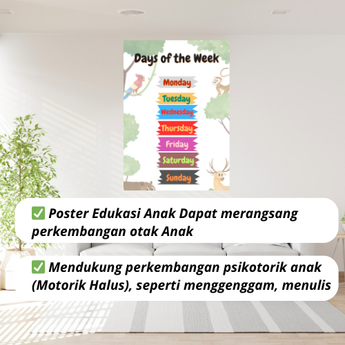 Kiana Creative Poster Anak Edukasi Belajar Nama Hari A3 Bahan Tebal dan Kuat Versi Bahasa Inggris