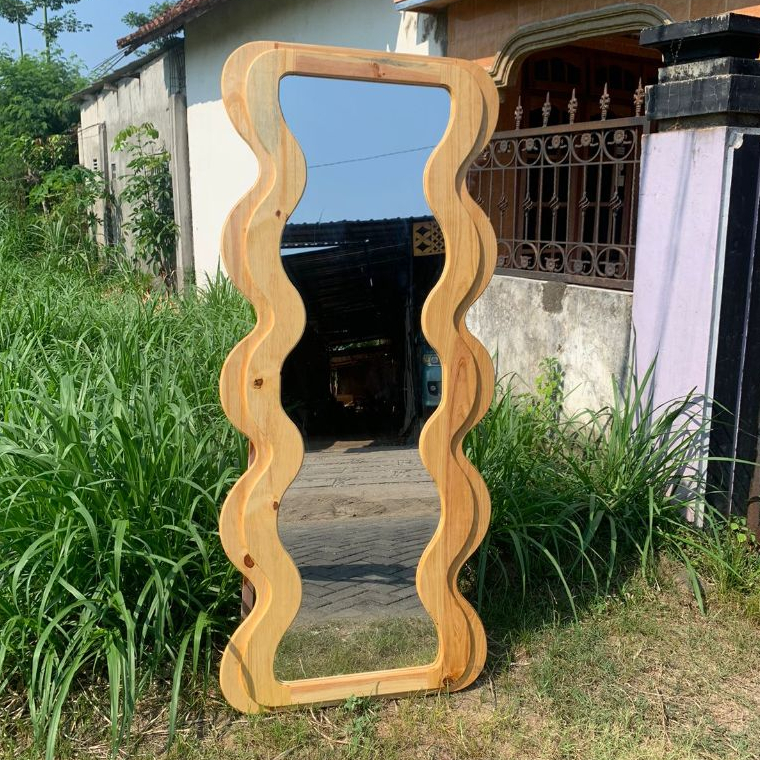 Free Packing Kayu wave miror full kayu Standing mirror aesthetic wave mirror kayu standing mirror ka