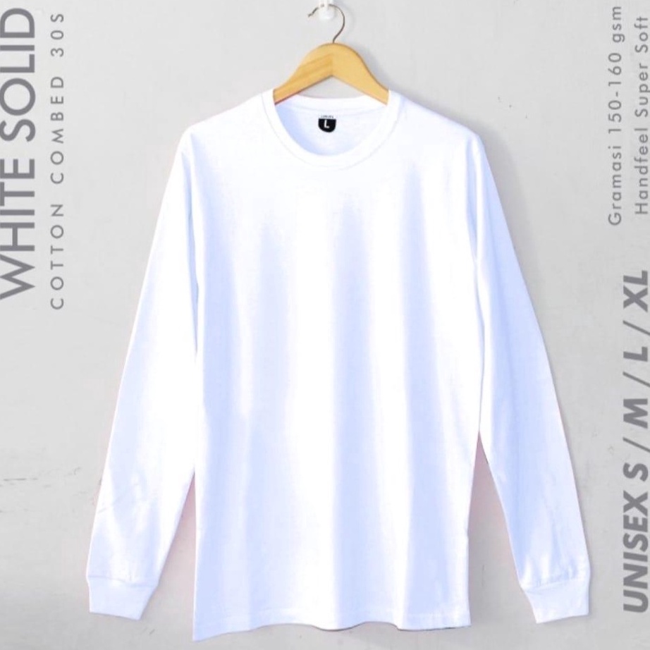 Kaos Polos Lengan Panjang Rib Karet Warna Putih Pria Wanita Cotton Combed 3s S M L XL