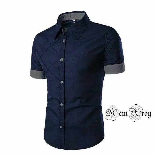 FortKlass Royken Navy kemeja polos pria lengan pandek slim fit cowok