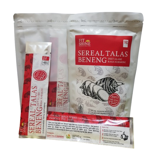

FITSHINE SEREAL UMBI TALAS BENENG NON GLUTEN RENDAH GLIKEMIK TINGGI SERAT & PATI MENGANDUNG VITAMIN B, BETACAROTEN, MINERAL FOSFOR, MAGNESIUM & BERGIZI, 1 SASET 20 GR CUKUP MENGENYANGKAN UNTUK SARAPAN. MULAI HARI CERAH DENGAN SARAPAN SEREAL FITSHINE