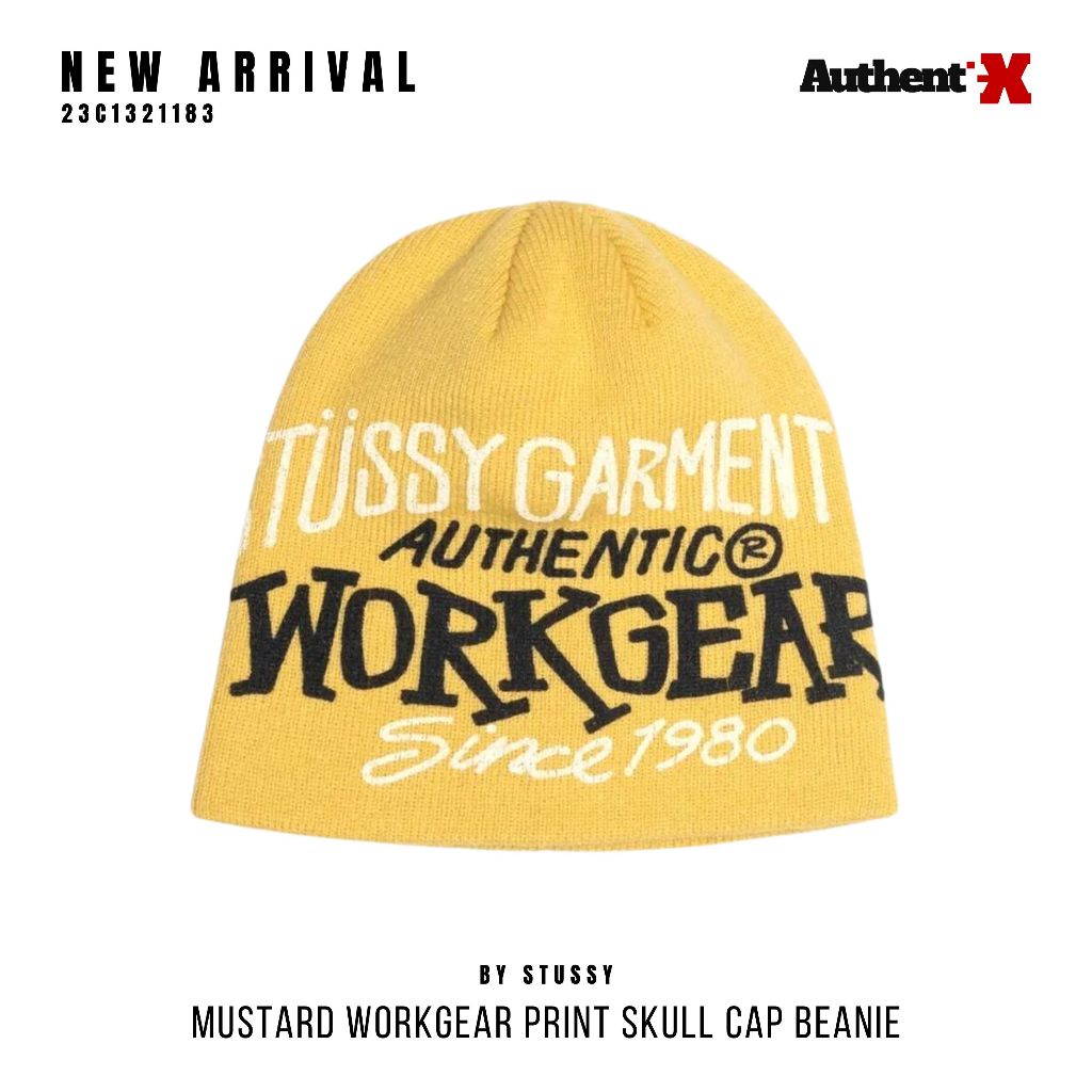 STUSSY WORKGEAR PRINT SKULLCAP BEANIE HAT - MUSTARD
