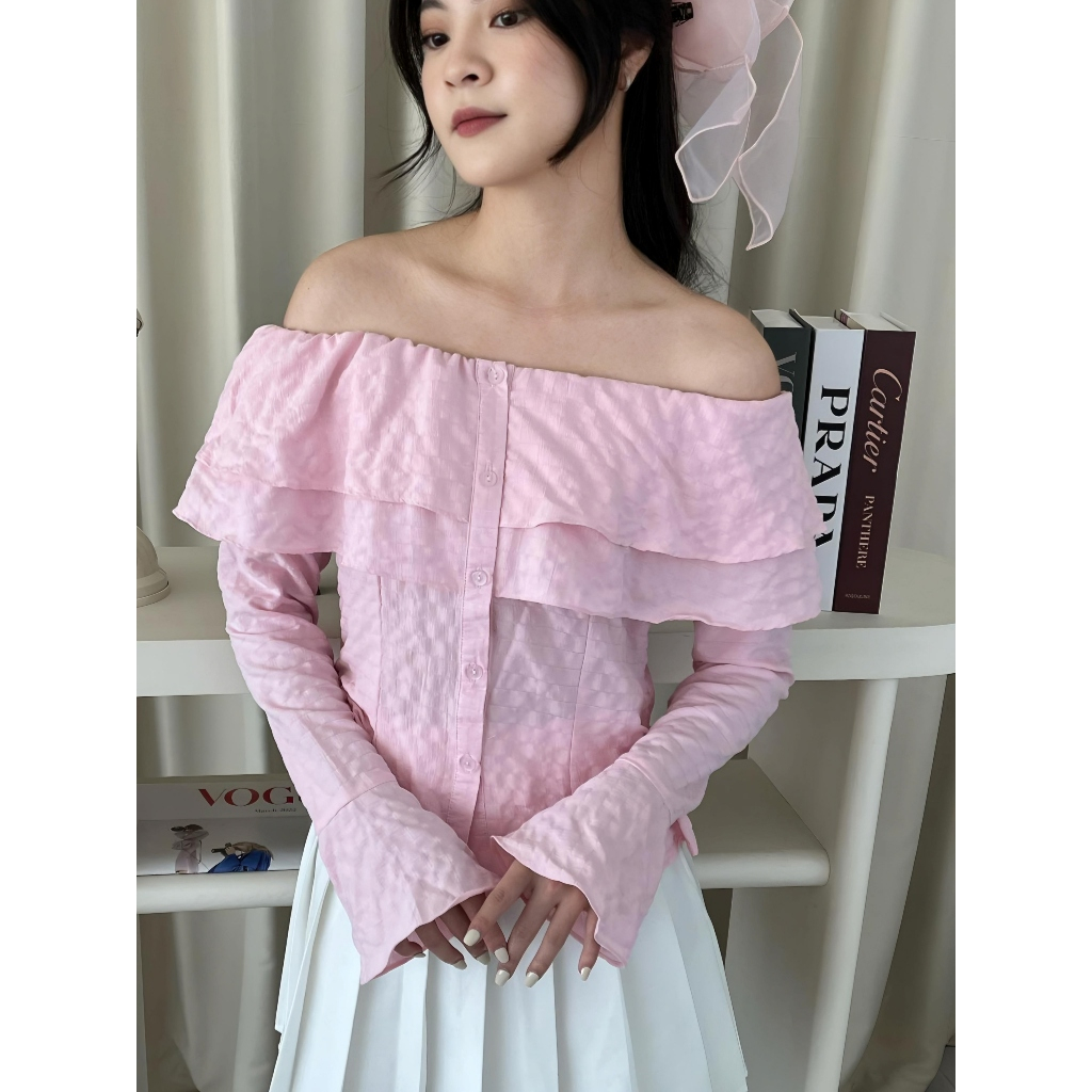 Blouse Wanita Sabrina Layer Lengan Terompet Tangan Panjang / Atasan Top Wanita Korean