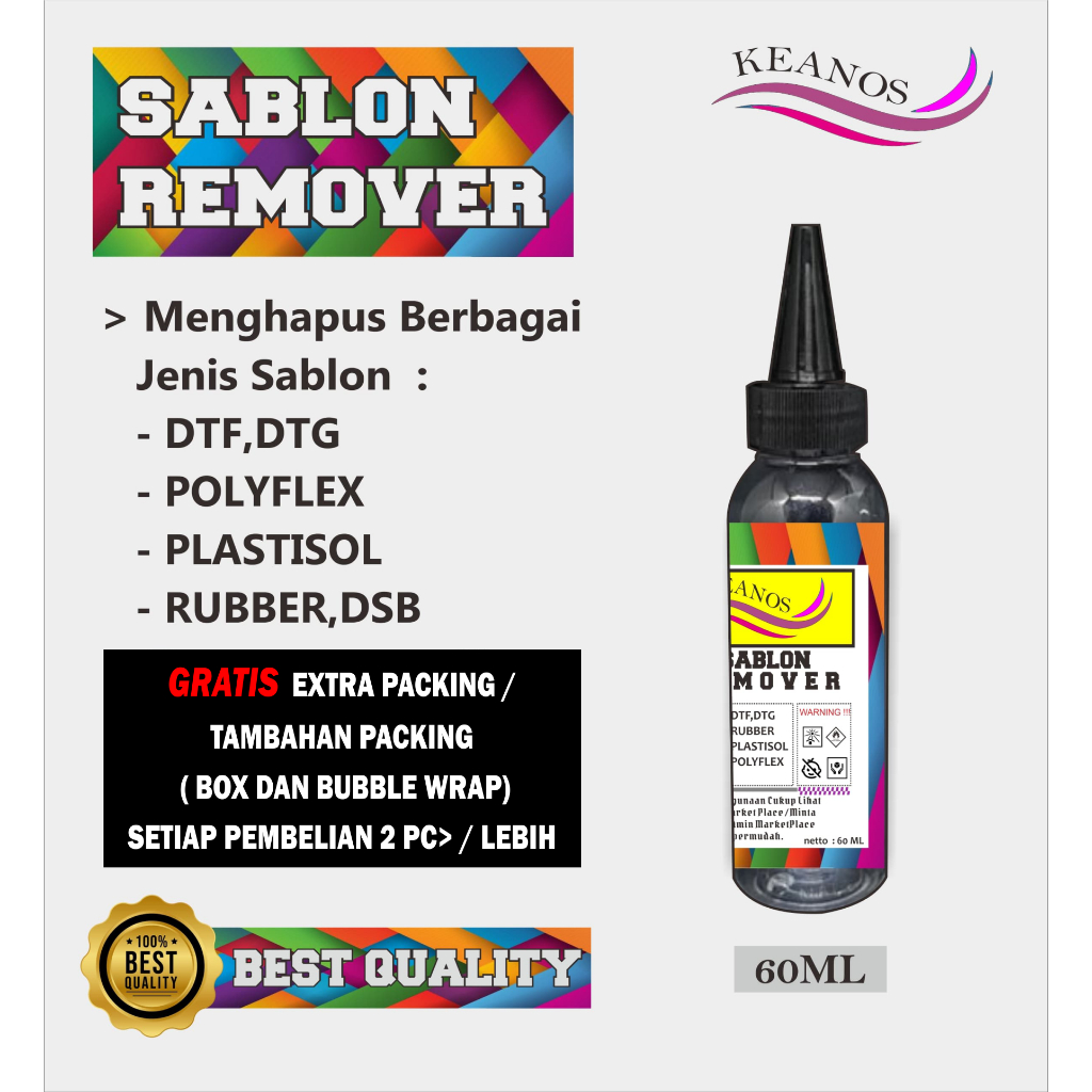 

( 60ML ) KEY REMOVER / CAIRAN PEMBERSIH SABLON / CAIRAN PENGHAPUS SABLON / CLEANER PENGHAPUS SABLON / CAIRAN PENGHAPUS SABLON DTF REMOVER / RUBBER REMOVER / PLASTISOL REMOVER / POLYFLEX REMOVER /DSB