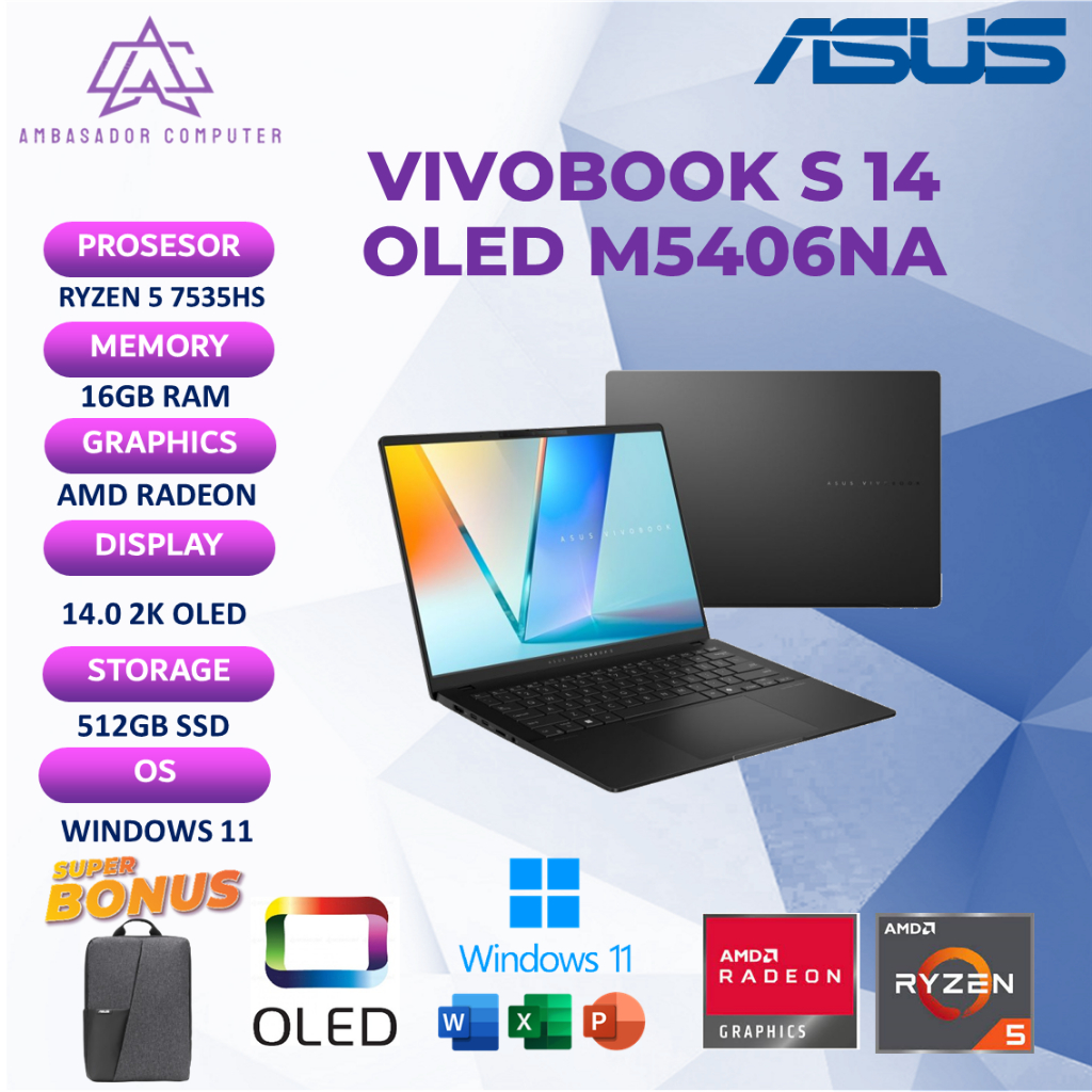 Asus Vivobook S 14 Oled Ryzen 5 7535HS 16GB 512GB 2K Windows11+OHS